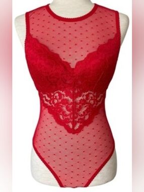 INC International Concepts Red Sheer Dot Lace Bodysuit